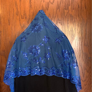 Mantilla Veil Shawl Sequin Embroidered Lace Scarf w/ Fringe Elegant Formal Wrap